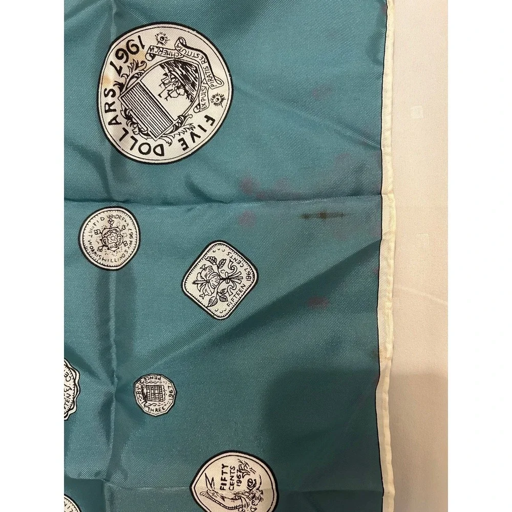 Vintage Teal Silk Coin Print Scarf